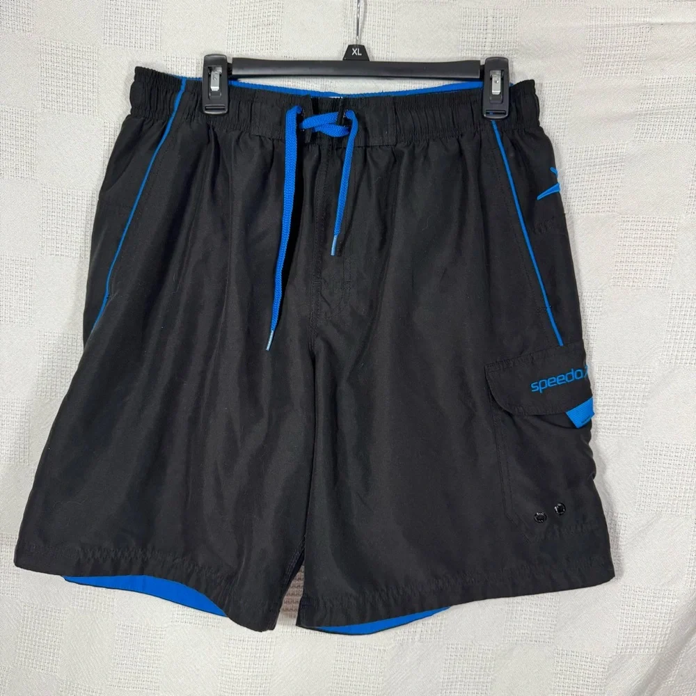 Speedo Swim Trunks Mens Medium Black Blue Water‎ Shorts Net Swimming Pool Adult